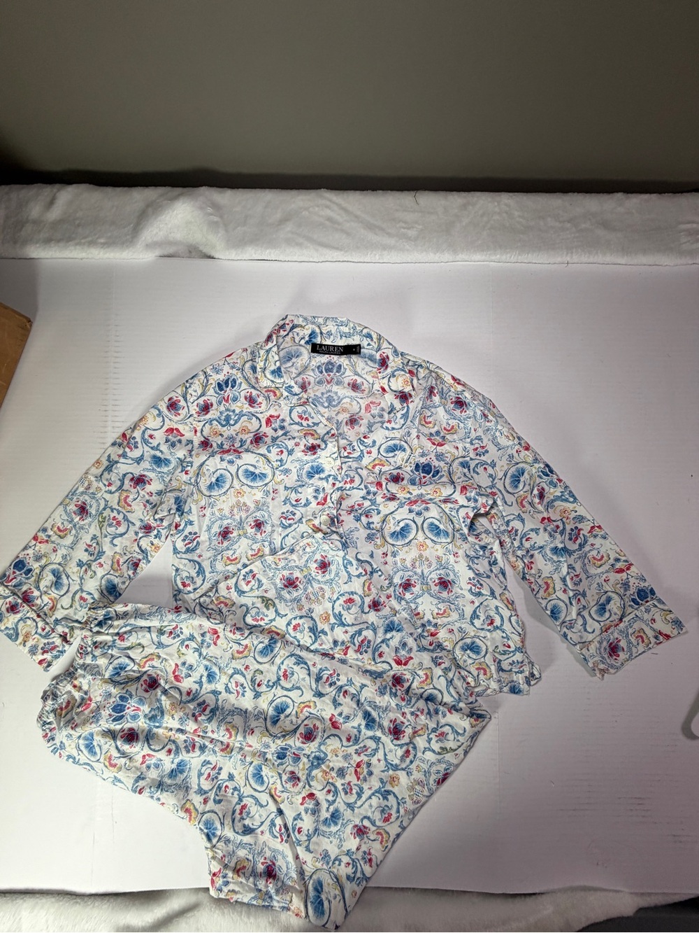 Lauren Ralph Lauren White Floral Paisley Pajama Set with Blue and Red Accents